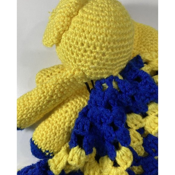 Vtg Handmade Crochet Elephant Lovey Security Blanket Baby Child Toy Blue Yellow - Picture 8 of 9
